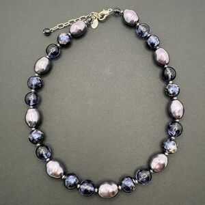 Vintage Joan Rivers Baroque Faux Pearl & Glass Necklace Purple Metallic 16"